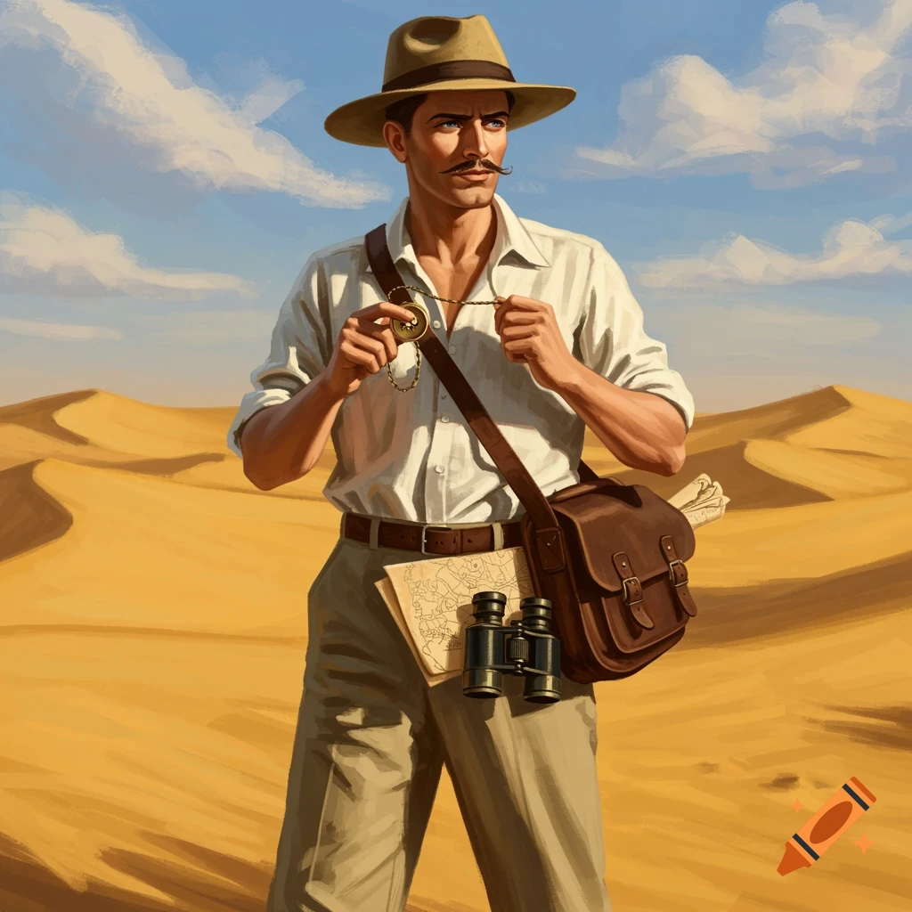 A man dressed as a 1920s explorer, wearing a hat and carrying a satchel and binoculars, stands in a vast desert landscape, holding a compass.