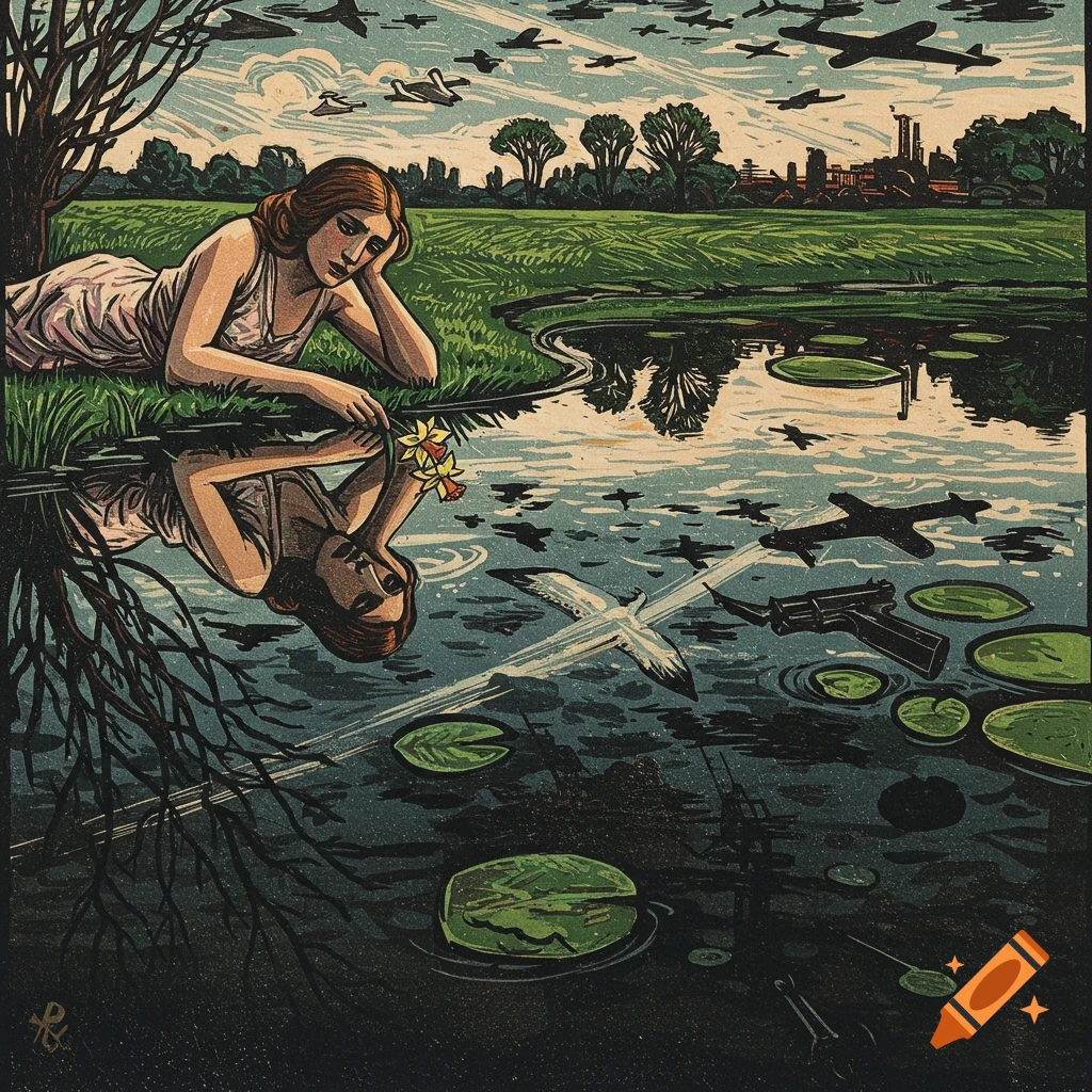 A woman by a pond, her reflection showing a soldier, pistol, and bombers in a German Expressionist woodcut style.