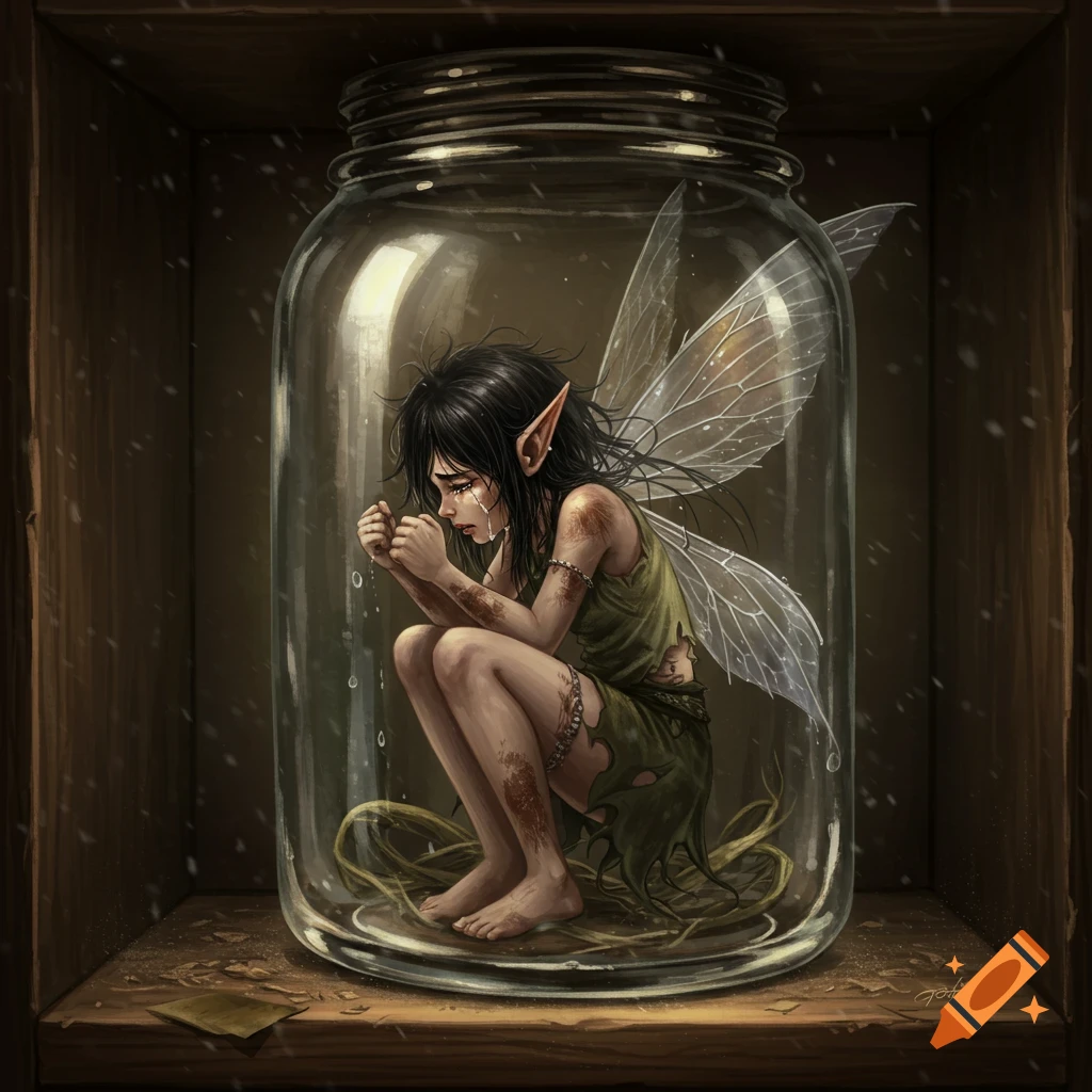 A sad fairy with black hair and clear wings sits crying inside a glass jar on a dusty wooden shelf, in a semi-realistic anime style.