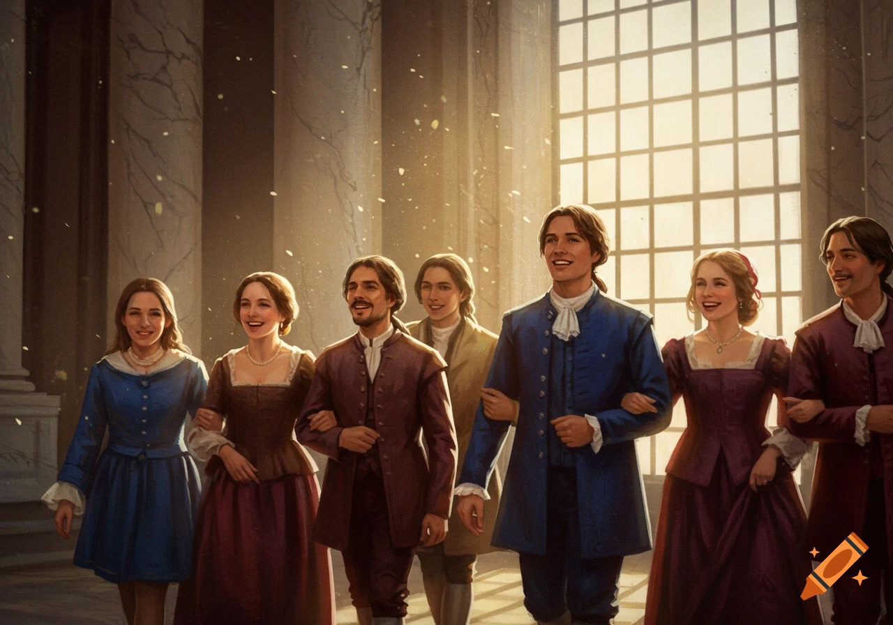 Several men and women in 17th-century attire happily walk together through a grand, sunlit hall, illuminated by light streaming through tall windows, in a style reminiscent of Vermeer.