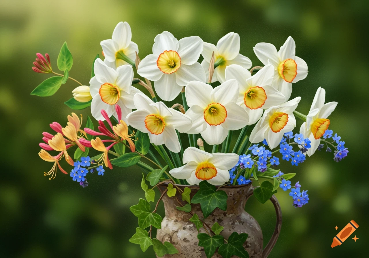 A vibrant bouquet of white daffodils, pink honeysuckle, and blue forget-me-nots in a rustic vase against a blurred green background.