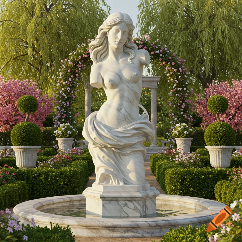 White marble statue of a classical female figure in a lush garden with pink flowering trees, green hedges, and a fountain.