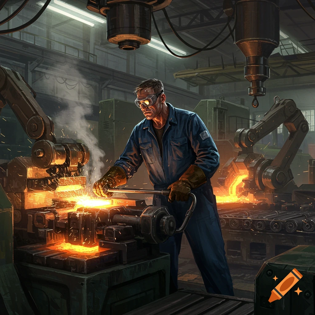 A worker in protective gear operates machinery in a factory, sparks flying from glowing hot metal being forged.