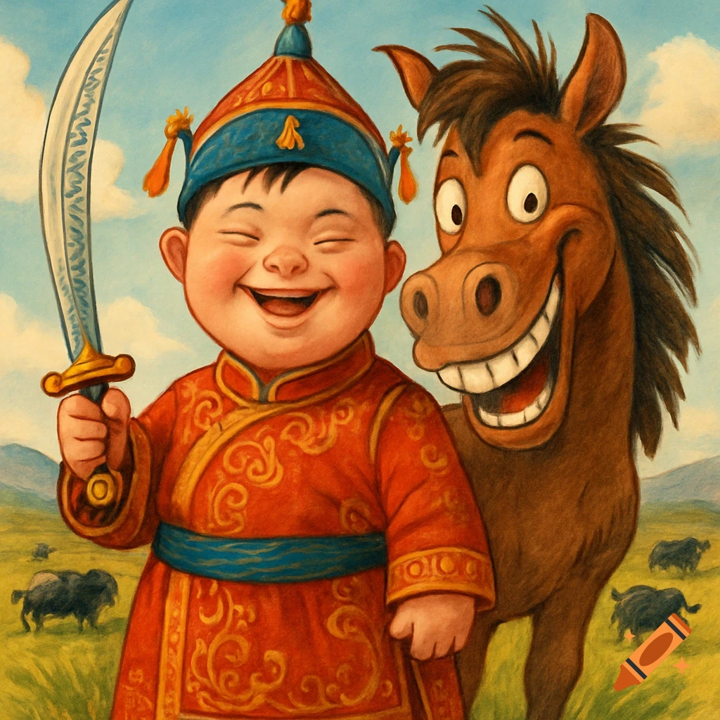Whimsical illustration of a smiling child in Mongolian attire holding a scimitar, next to a goofy cartoon horse in a grassy field with buffalo.