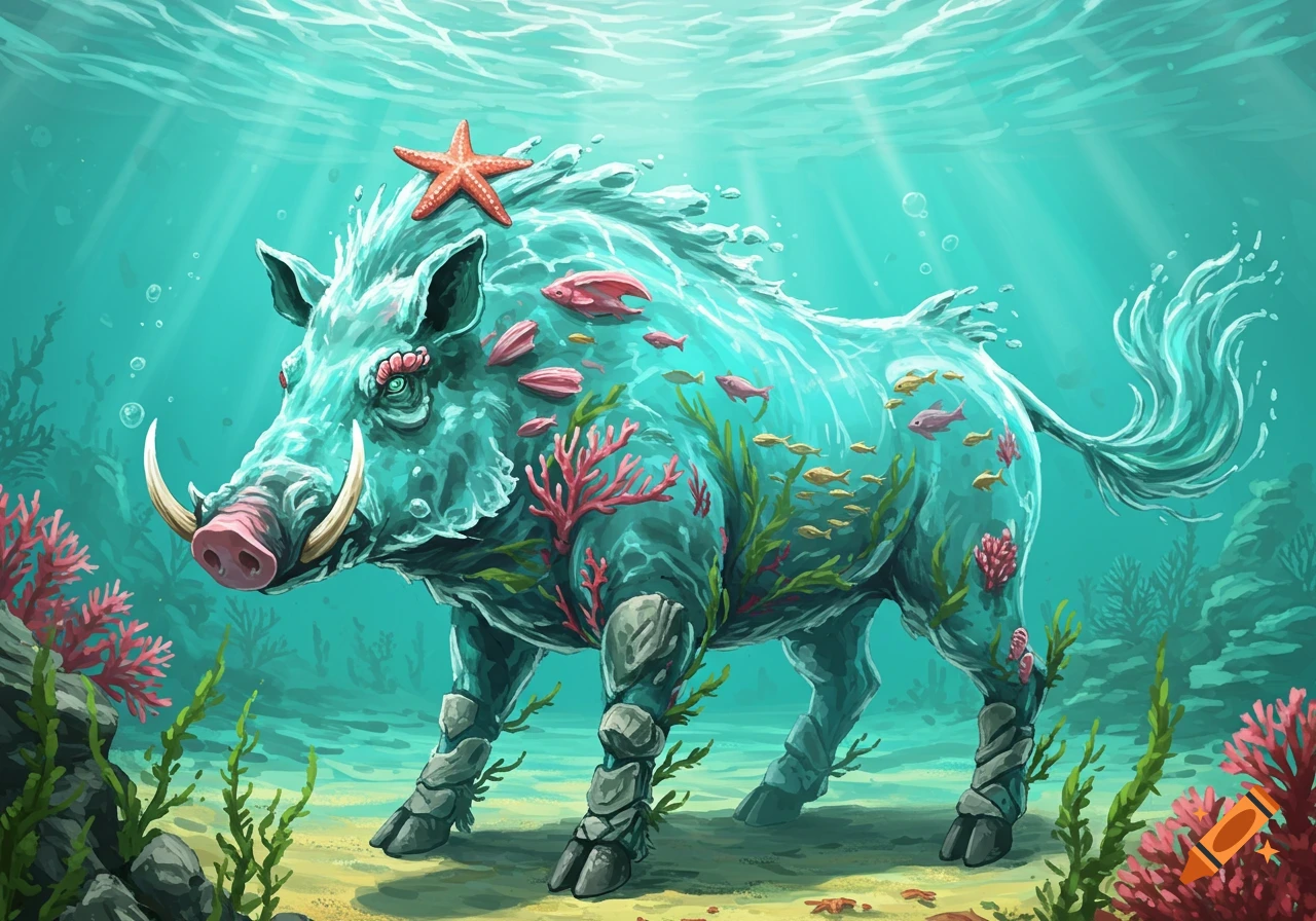A fantastic aqua-blue boar with a watery body containing small fish, stone hooves, and a starfish on its head, stands on the sandy ocean floor surrounded by coral and seaweed.