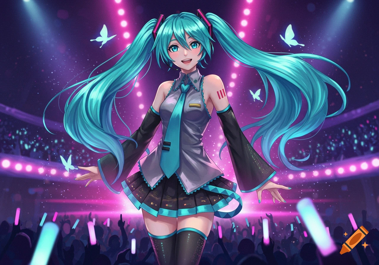 Hatsune Miku performing at a vibrant concert with pink and blue lights and an audience.