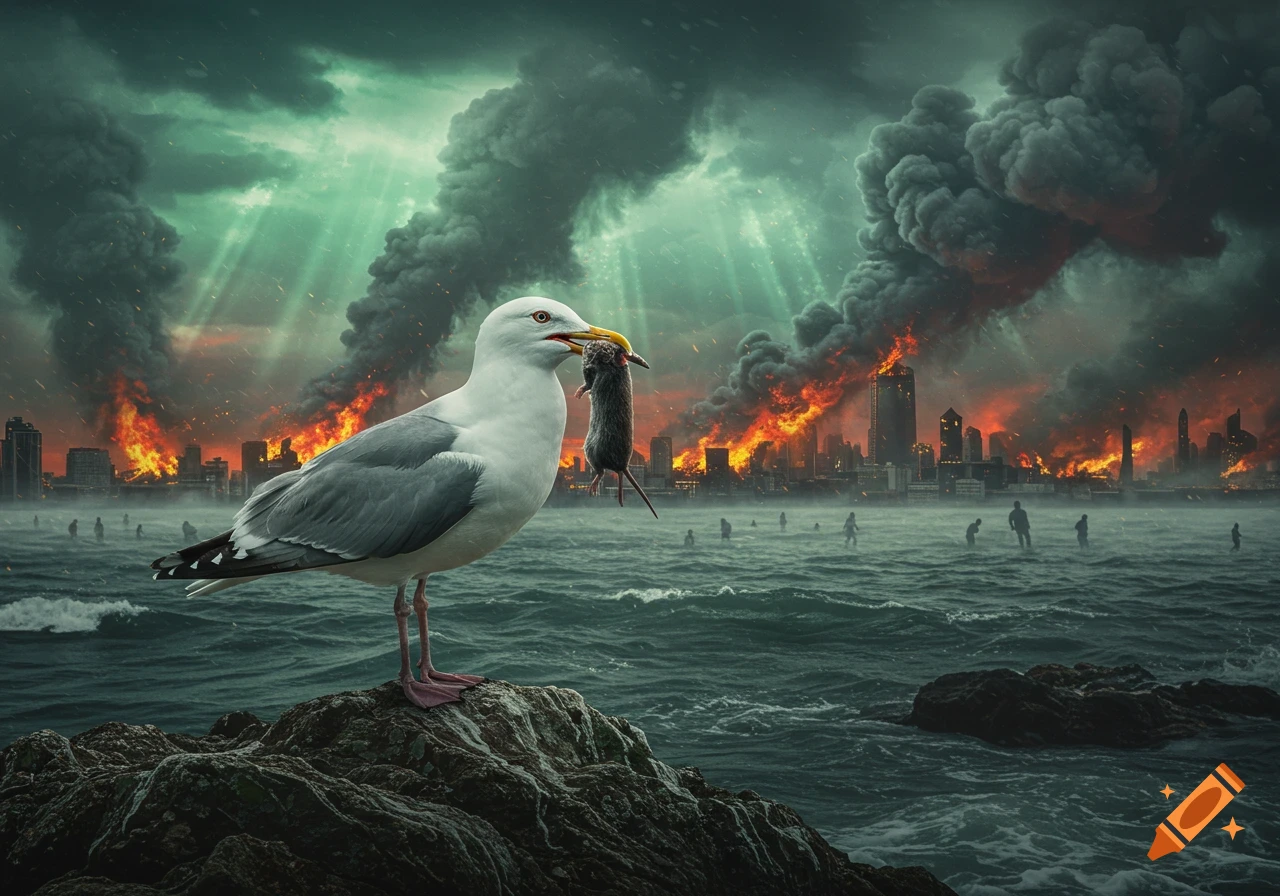 A seagull stands on a rock holding a dead rat in its beak, with a burning city and people in water in the background.
