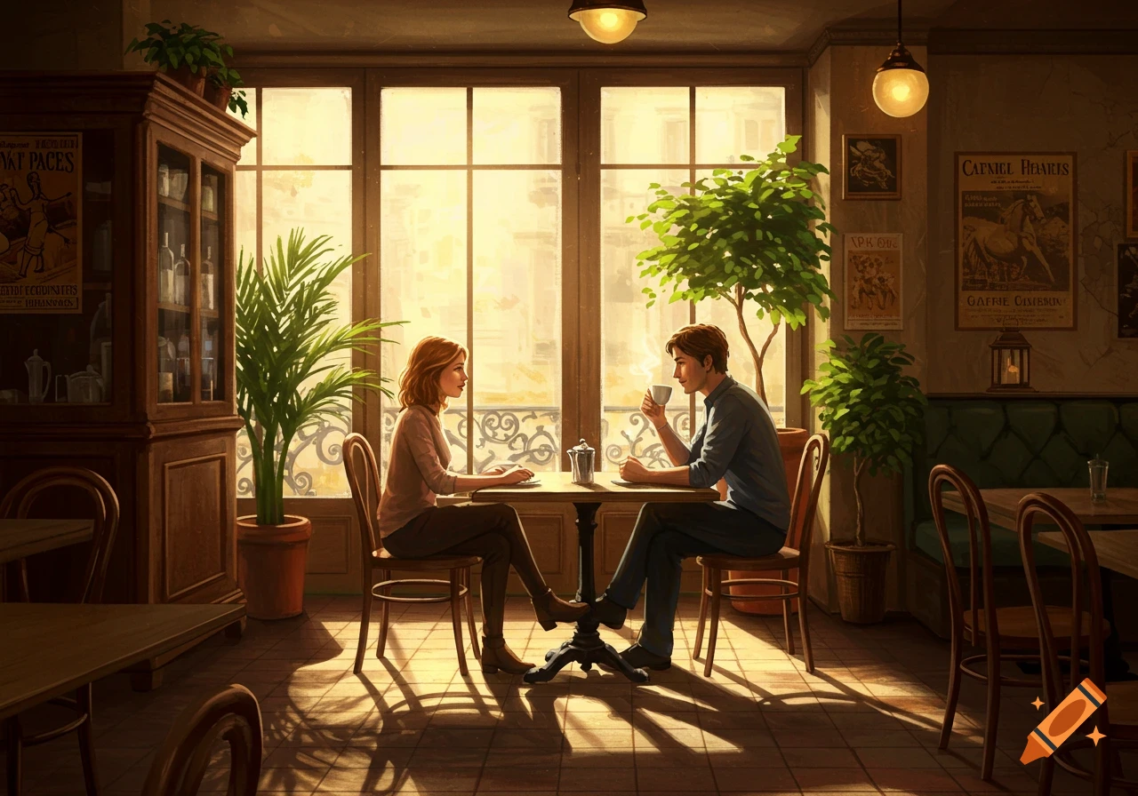 A man and a woman sit facing each other at a small table in a sunlit cafe with plants and posters on the walls, bathed in warm light.
