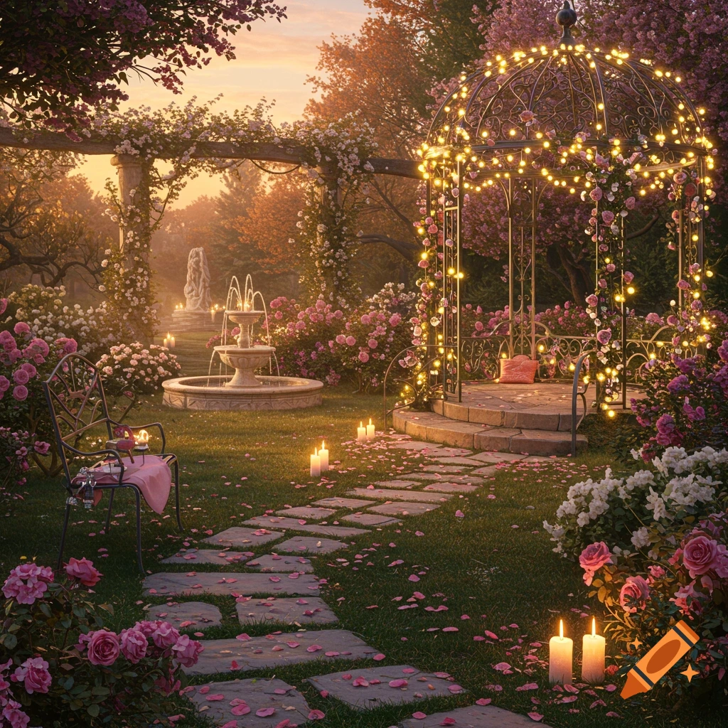 A magical garden at dusk with a lighted gazebo, fountain, candles, and rose petals on a stone path.