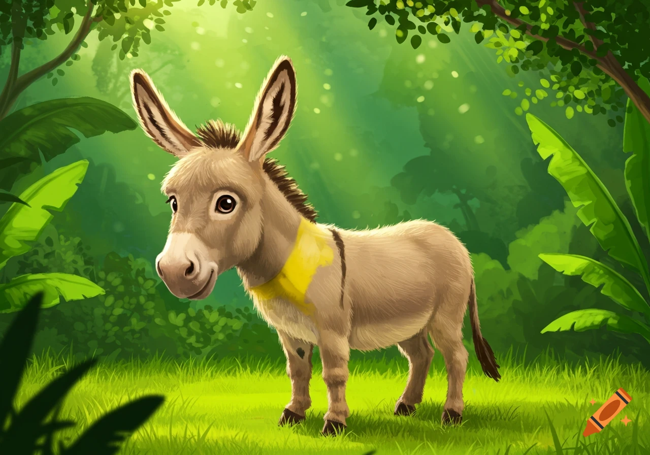 A cute cartoon donkey wearing a yellow band stands in a vibrant green jungle with sunlight filtering through the trees.