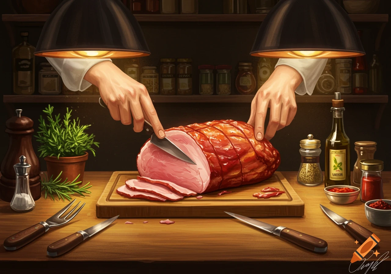 Chef's hands slice a large roasted gammon on a cutting board in a warm, illuminated kitchen with spices on shelves.