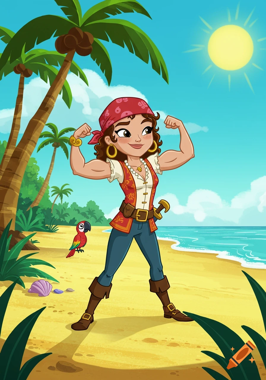 A cartoon female pirate with a red bandana flexes her biceps on a sunny tropical beach. A parrot is nearby.