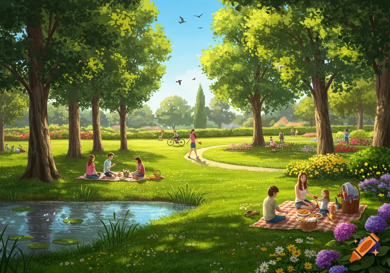 A vibrant illustration of a park scene with people picnicking, walking, and cycling under green trees and a blue sky.