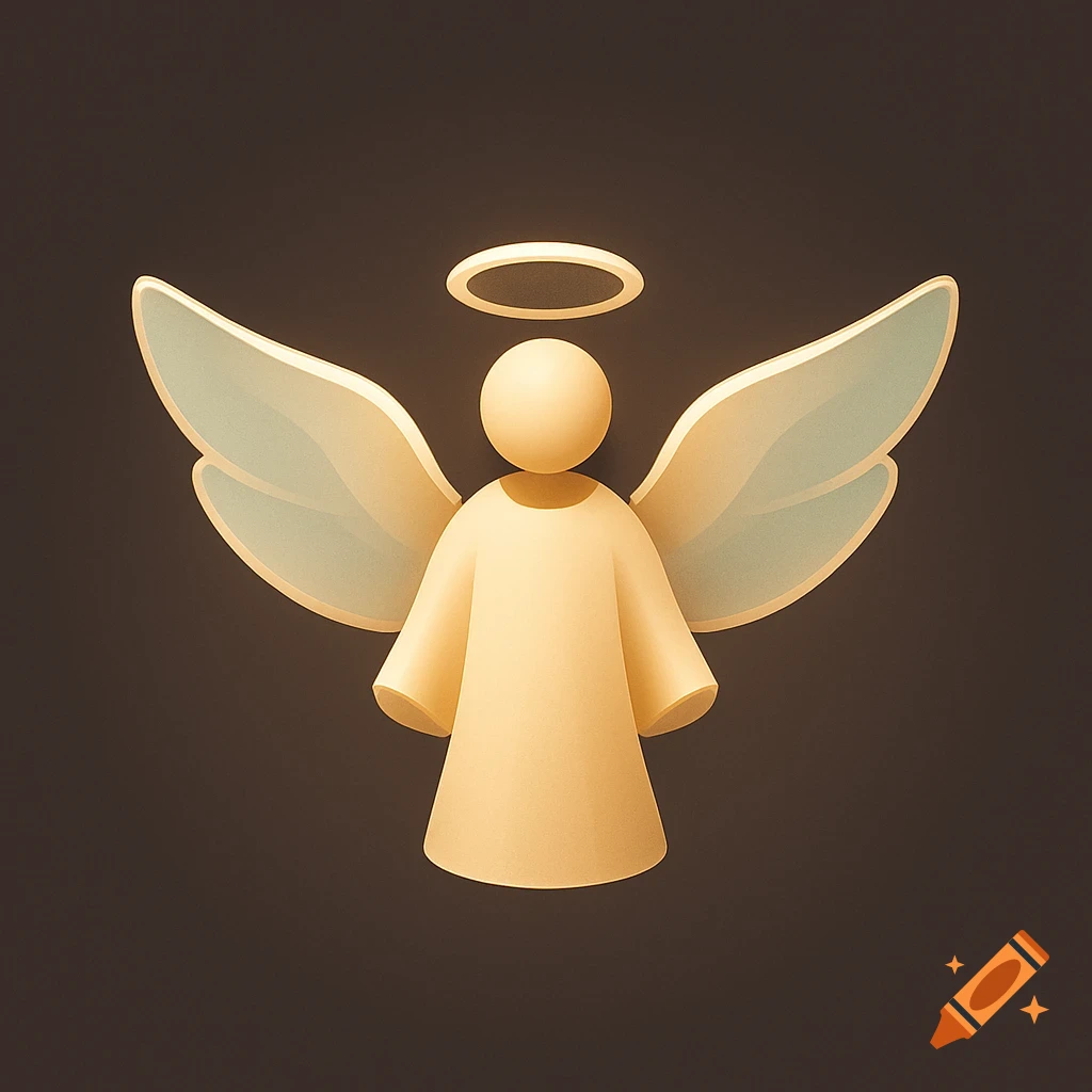 A stylized 3D render of an angel with a halo and transparent wings in warm tones.
