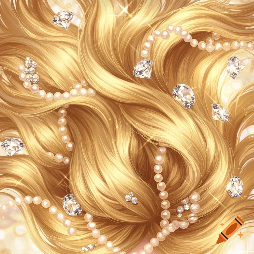 Close-up of golden blonde hair interwoven with luminous pearl strands and sparkling diamonds.