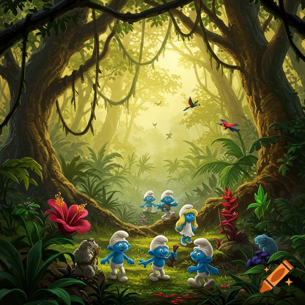 A group of cartoon Smurfs, including Smurfette, gather in a lush, sunlit jungle with large trees, vines, and colorful plants.