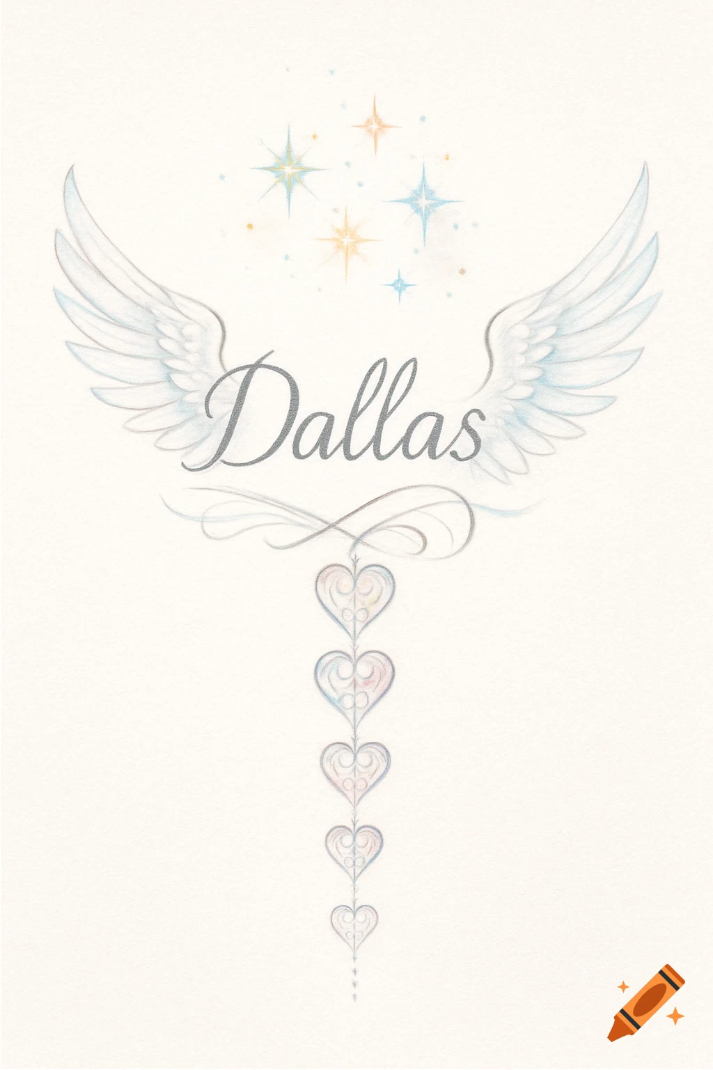 A stylized tattoo design featuring white angel wings, colorful stars, and a cascading chain of hearts, with the name "Dallas" written in script between the wings.