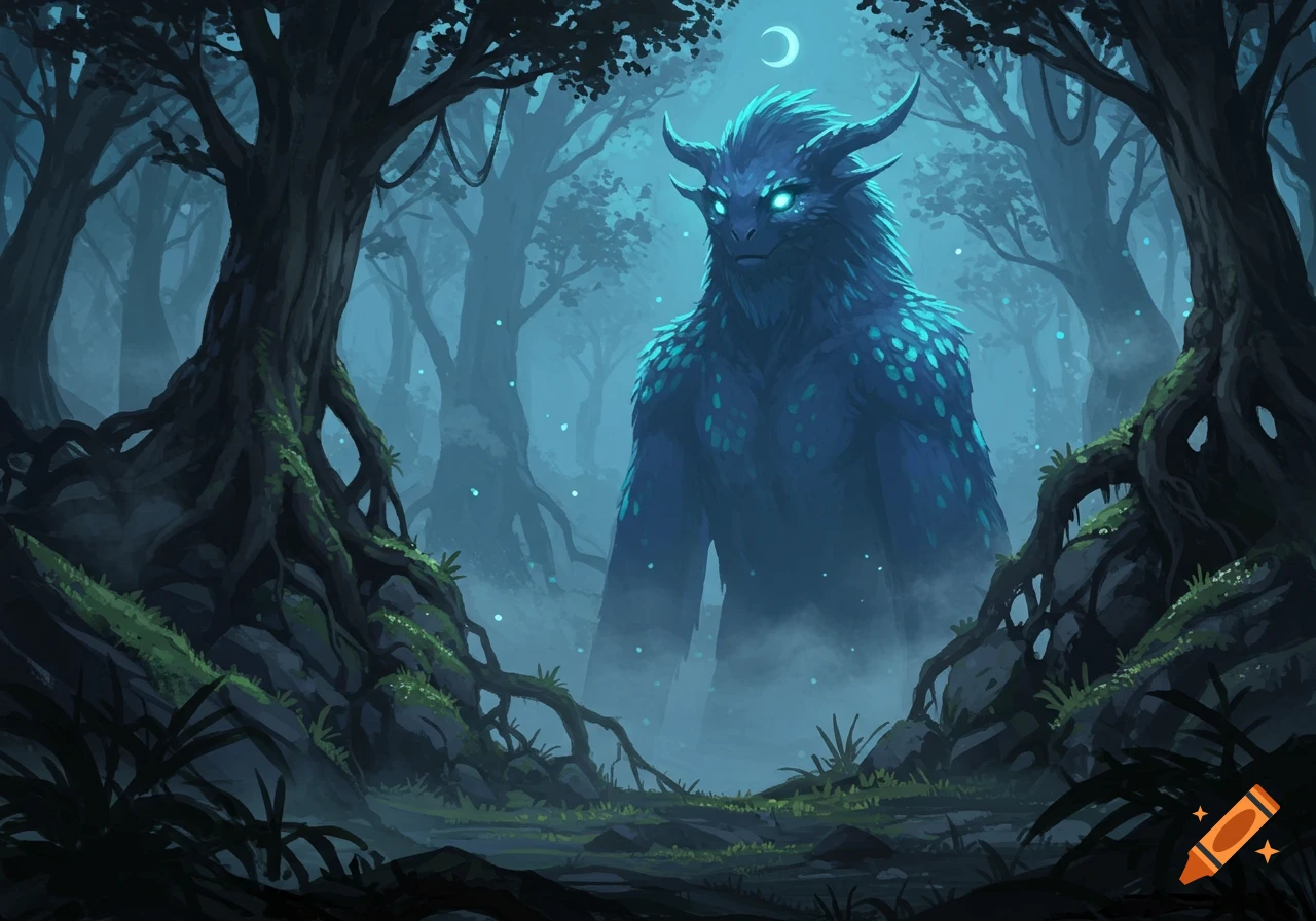 A large, imposing blue monster with glowing eyes and horns stands in a misty, dark forest with large, gnarled trees and roots, under a crescent moon.