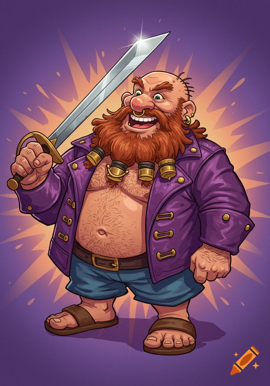 A cartoon fantasy dwarf swashbuckler with a large red beard and purple jacket, holding a sword and smiling maniacally.