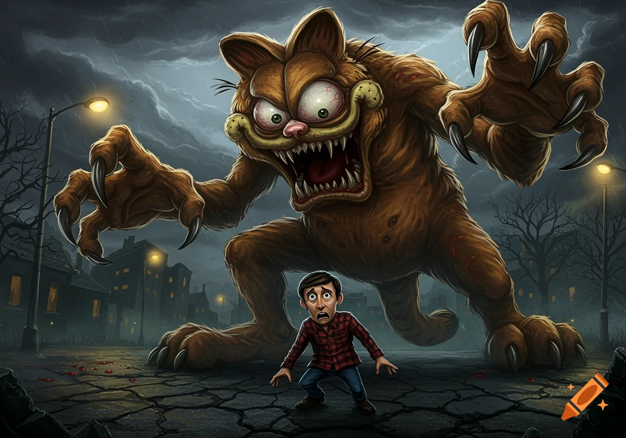 Giant monstrous Garfield with fangs and claws looms over a terrified Jon in a dark, rainy, cracked street.