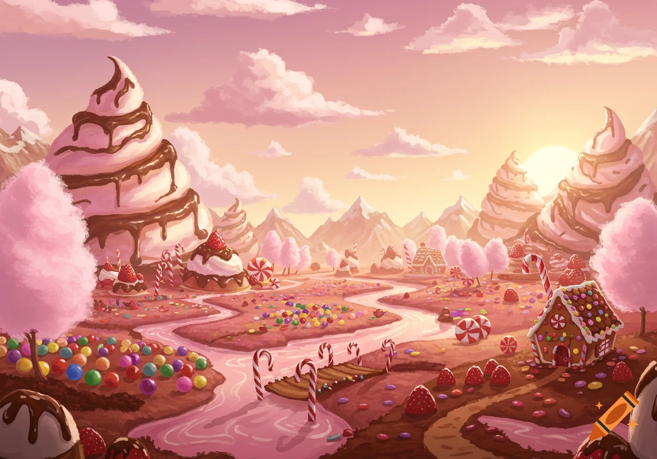 A whimsical fantasy landscape made of desserts and candy, featuring whipped cream mountains, a pink river, and gingerbread houses under a pastel sky.