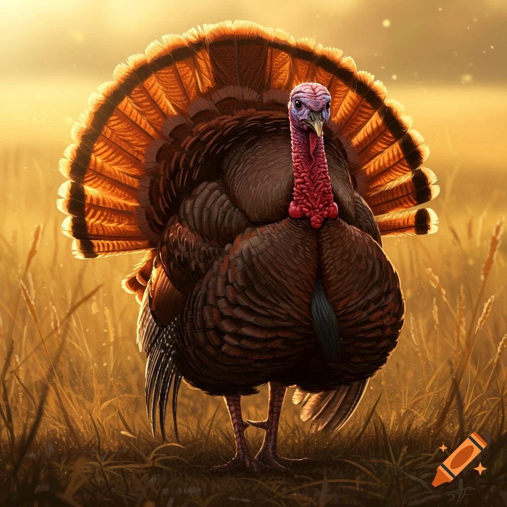 A photorealistic bourbon red turkey stands in a field of tall grass against a bright golden background.