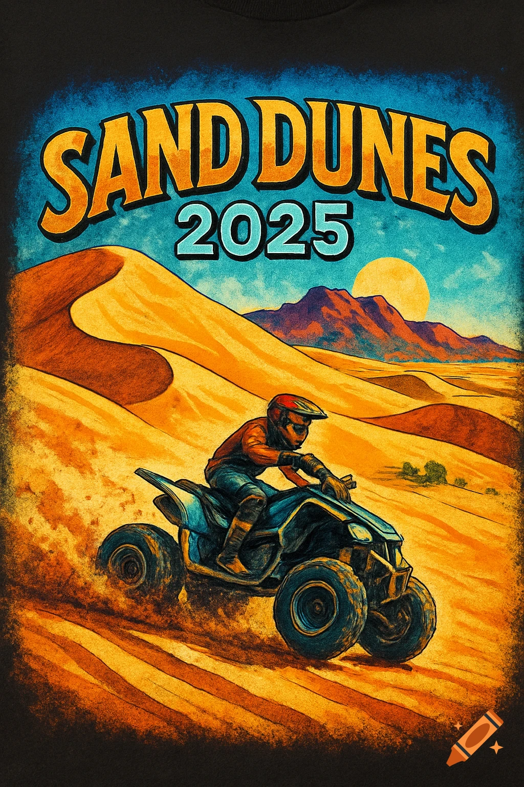 Stylized illustration of an ATV rider in a desert landscape with large sand dunes and mountains under a sunset, with text "SAND DUNES 2025" above.
