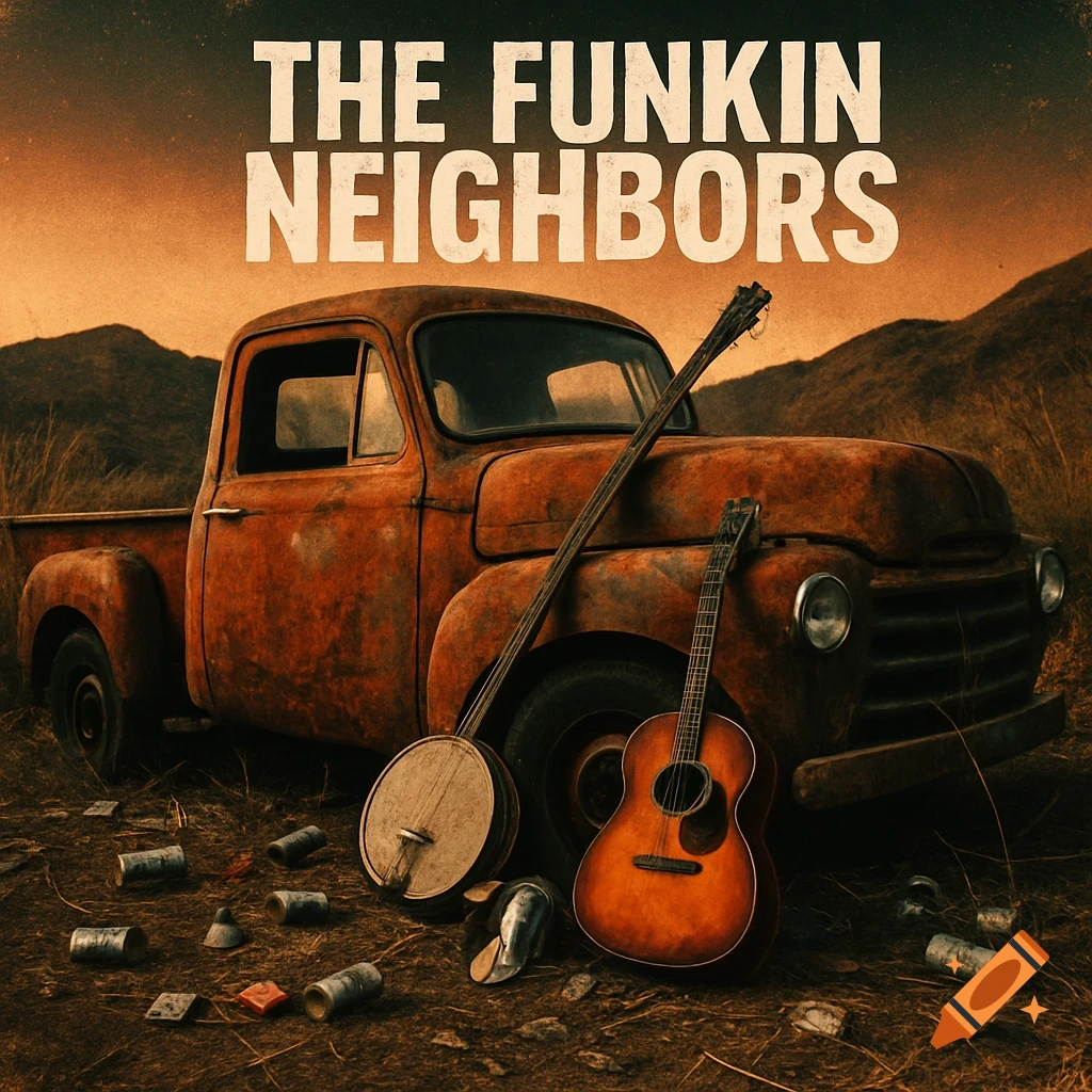 A rustic album cover featuring a rusty old pickup truck, a banjo, an acoustic guitar, and scattered trash on the ground under a twilight sky, with 'THE FUNKIN NEIGHBORS' at the top.