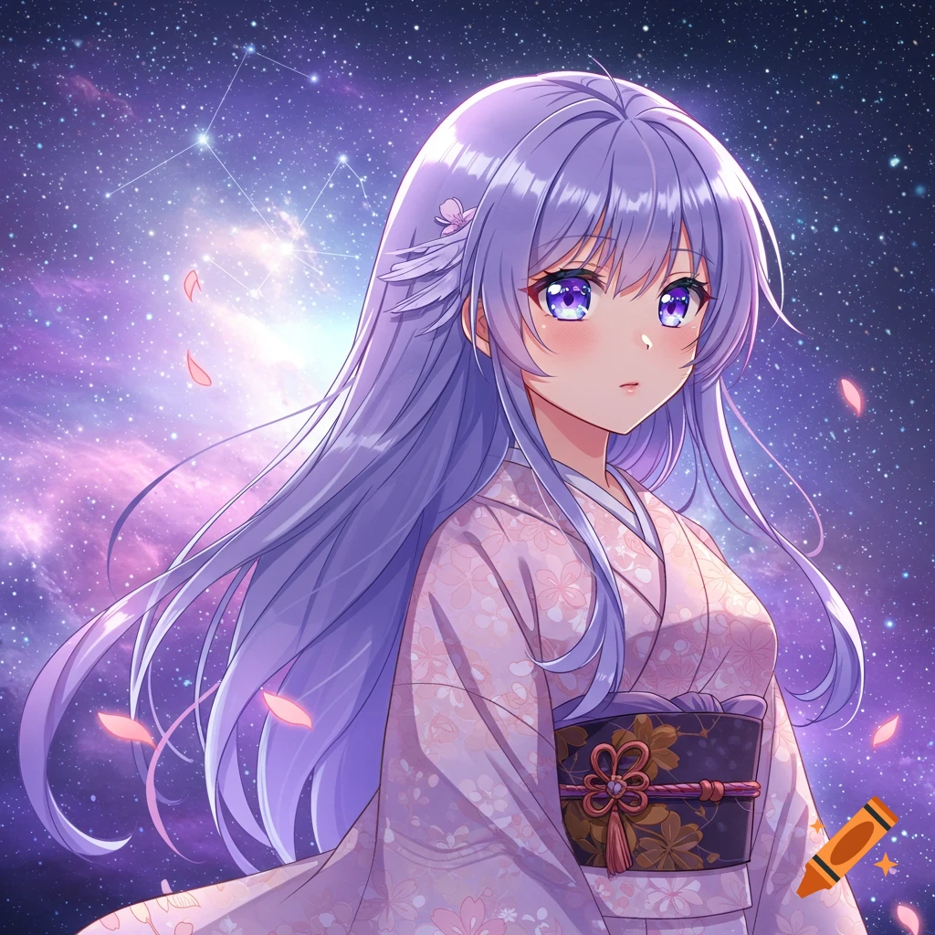 Anime girl with purple hair in a pink kimono against a galaxy background with floating petals.