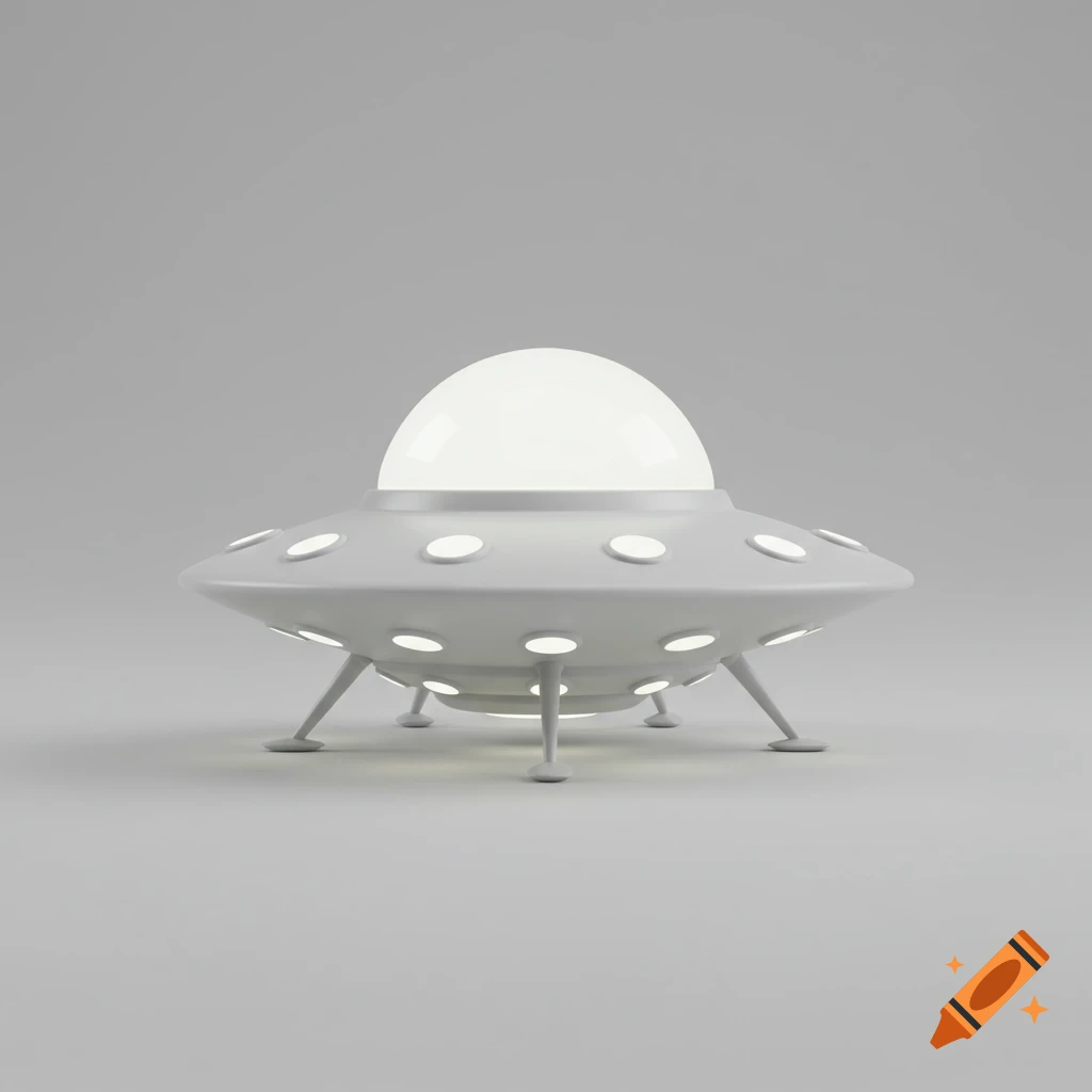 A minimalist, light gray UFO with a glowing dome and small lights, resting on a light gray surface.