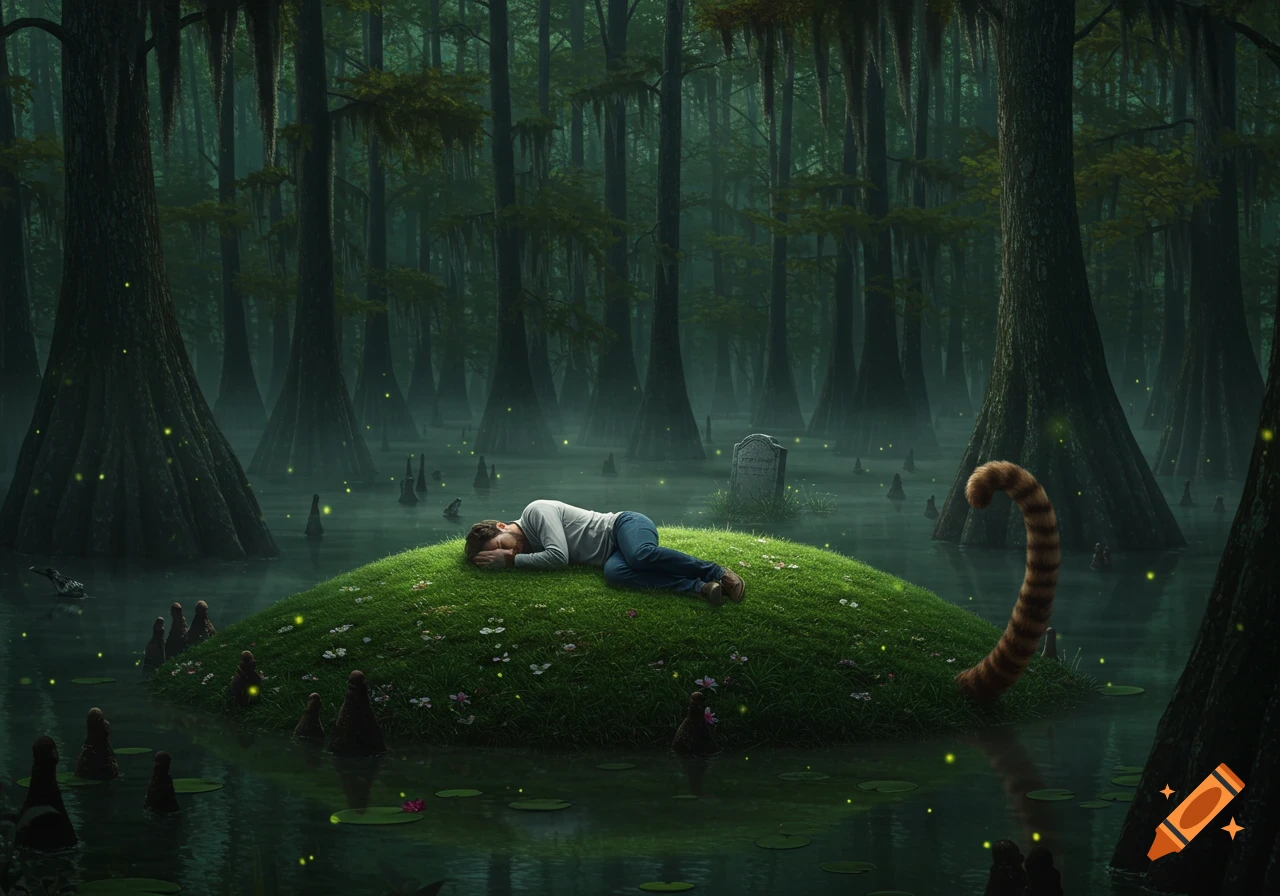 A person sleeps on a grassy island in a misty swamp forest with a gravestone and a striped cat tail, glowing fireflies. Photorealistic.