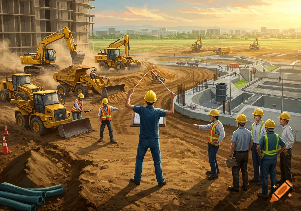 A vibrant illustration of a busy construction site with excavators, dump trucks, and workers overseeing building and road construction under a sunset sky.