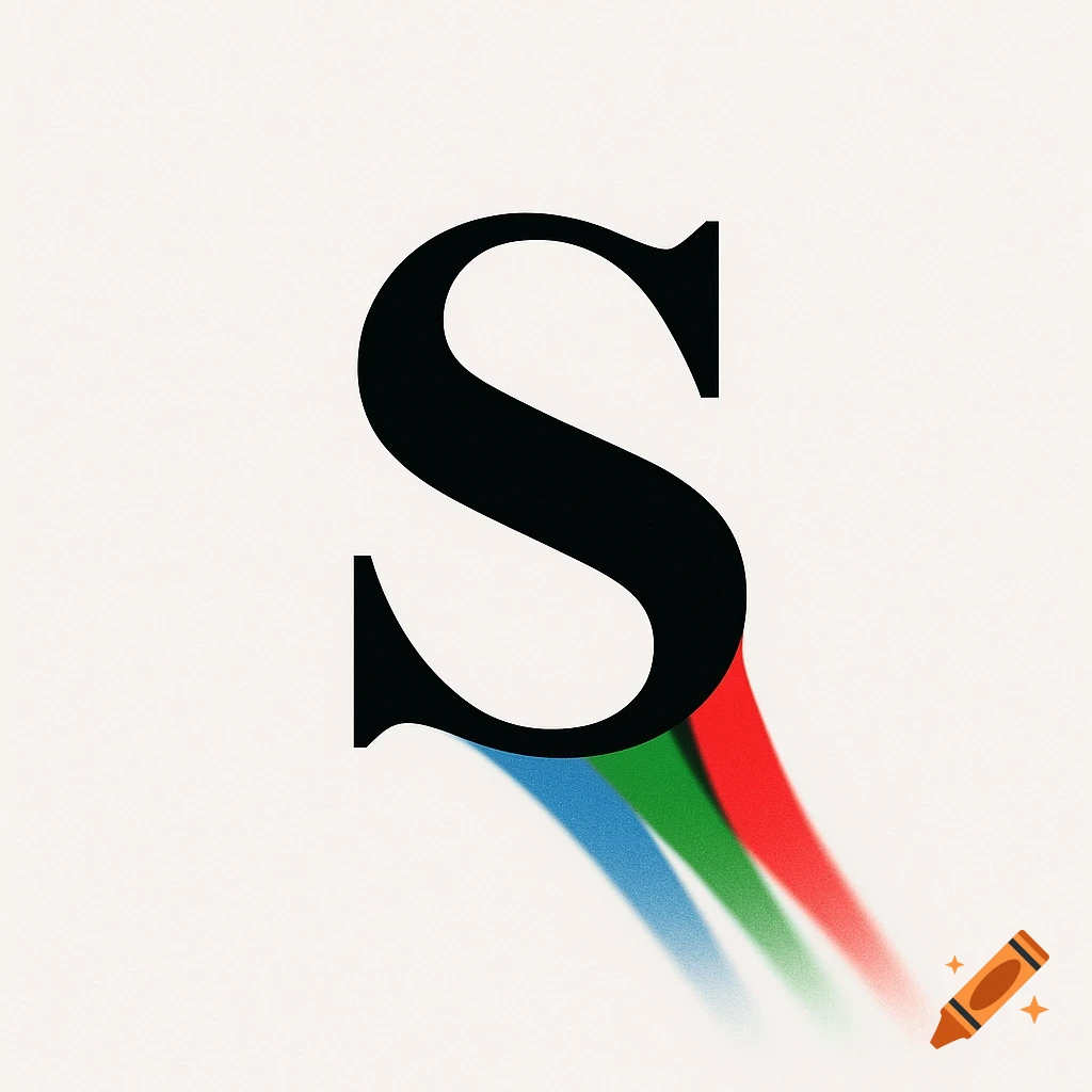 A bold, black capital letter 'S' with blue, green, and red shadows projecting behind it on a light background. Minimalist design.
