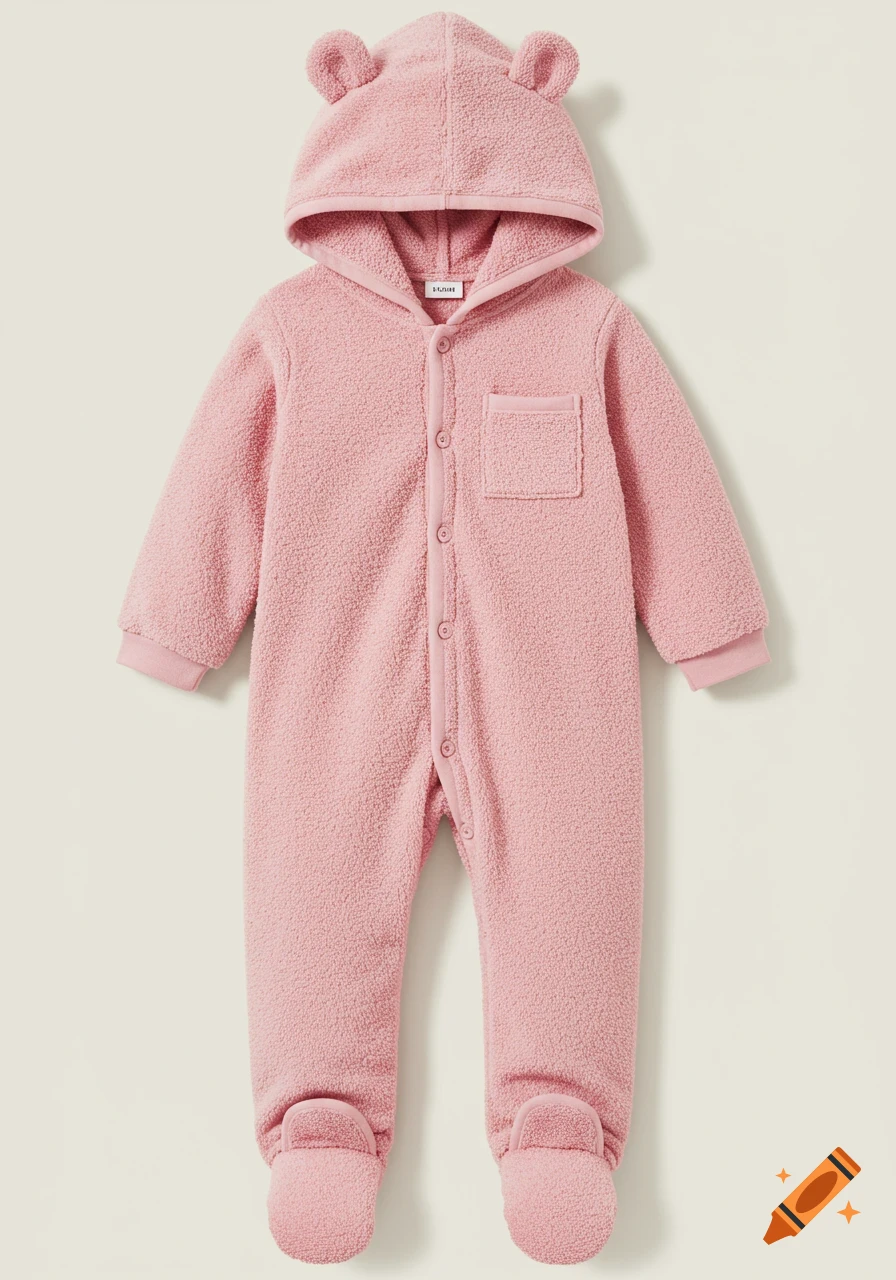 A pink fluffy onesie with bear ears on the hood, buttons down the front, a small chest pocket, and footed pants, displayed on a plain background.