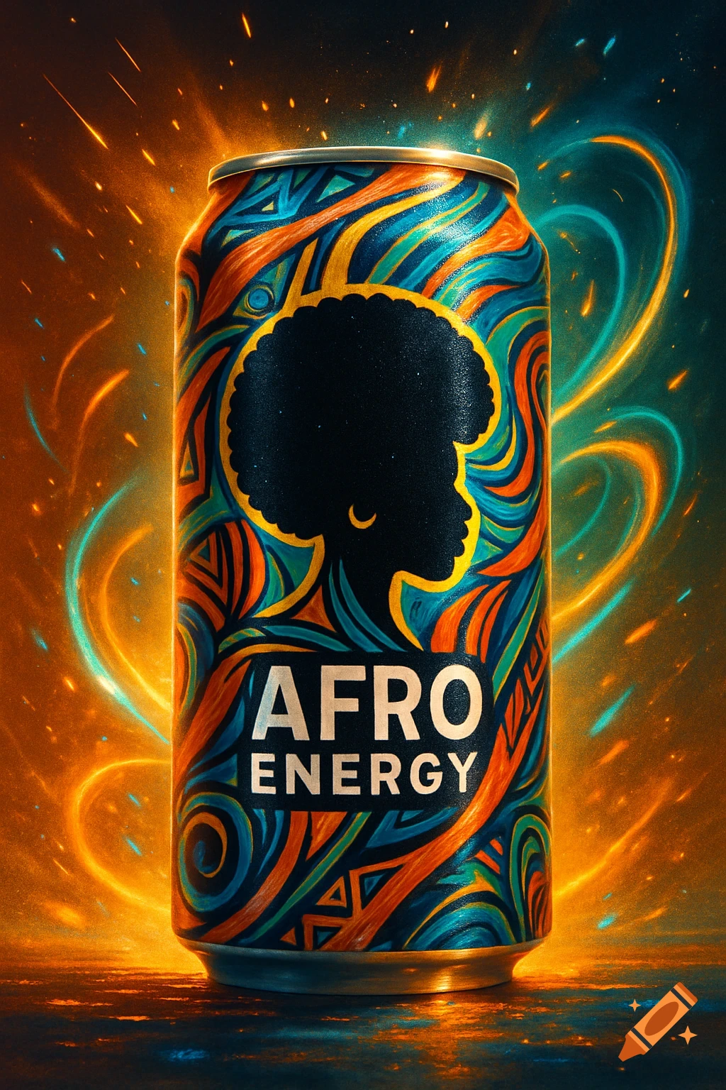 A vibrant energy drink can with swirling abstract patterns, a black Afro silhouette, and 'AFRO ENERGY' text, set against a glowing background.