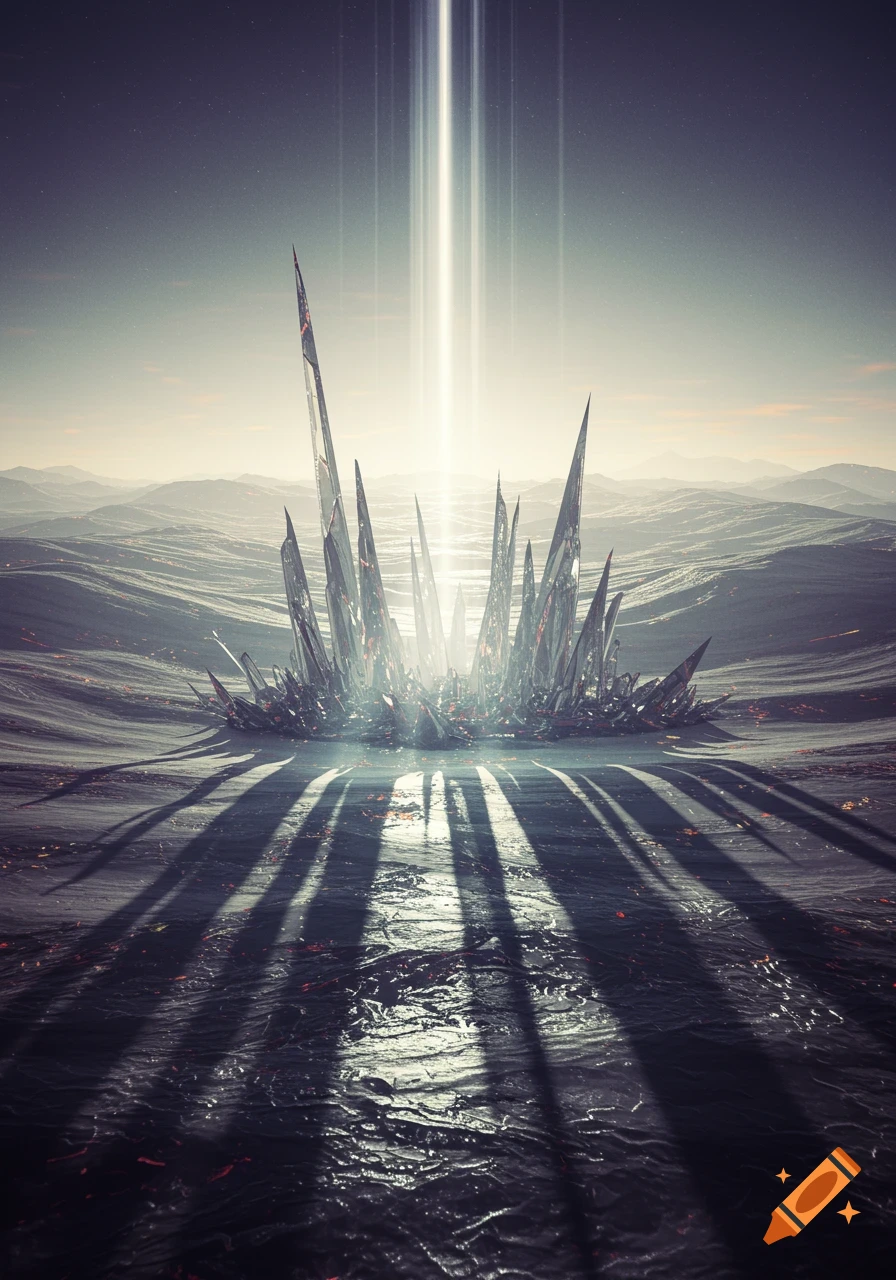 Jagged dark crystals emerge from a wavy dark landscape under a bright, vertical light beam from the sky, casting long shadows.