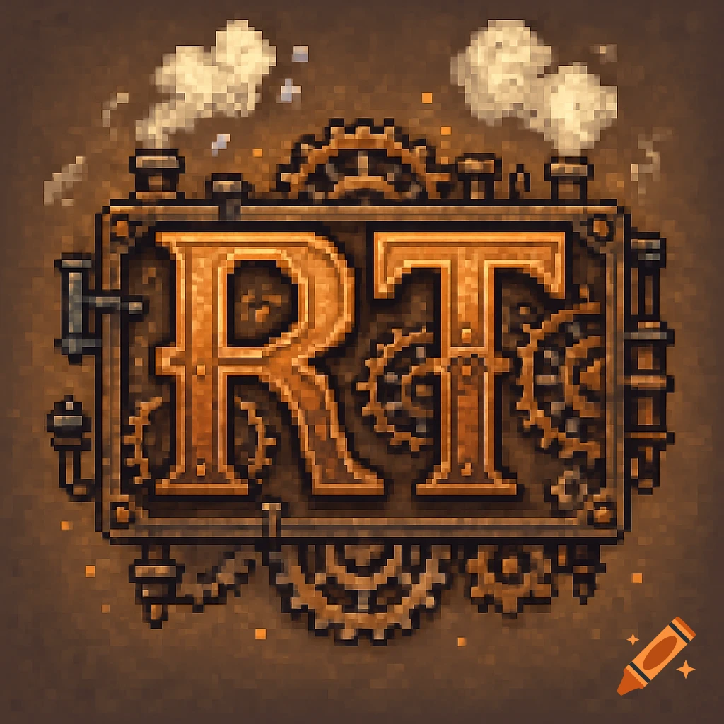 Pixel art steampunk logo featuring the letters RT, gears, pipes, and smoke.