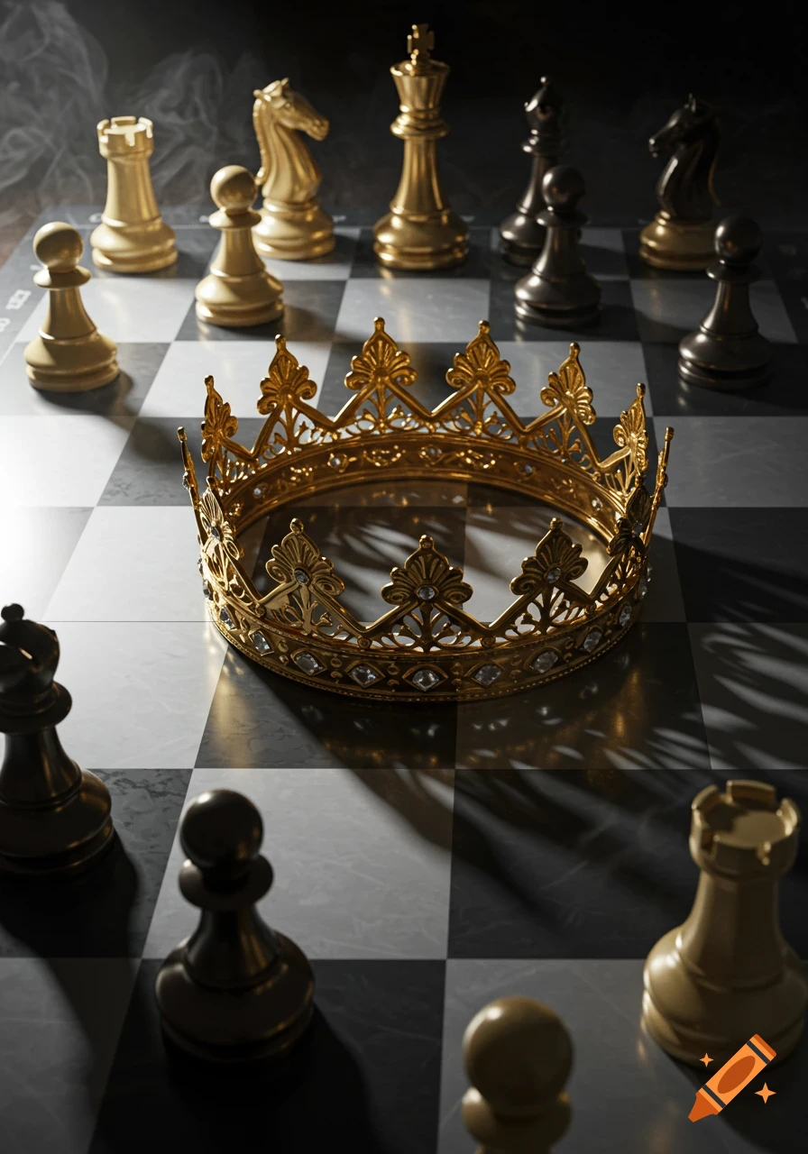 A golden crown rests on a chessboard surrounded by gold and black chess pieces, with dramatic lighting.