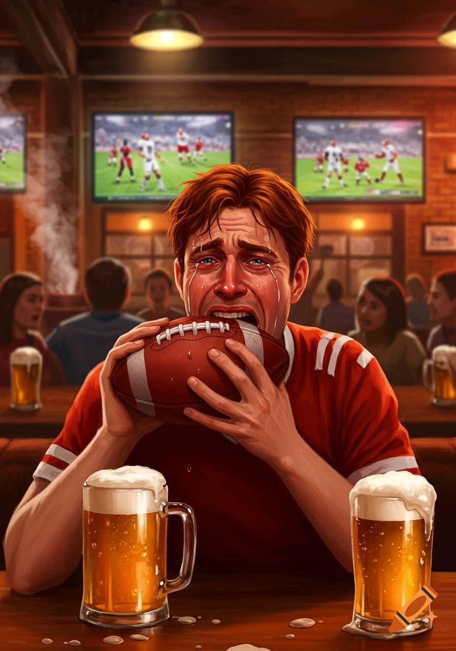 Illustrated man in a red shirt crying while clutching a football in a sports bar with beers and TVs showing games.
