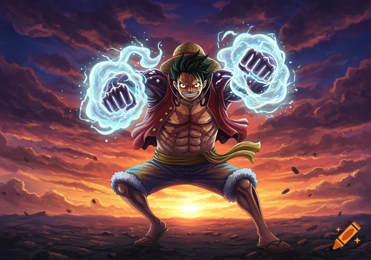 Monkey D. Luffy in his Gear 5 form, with glowing energy around his fists, standing powerfully against a dramatic sunset sky.
