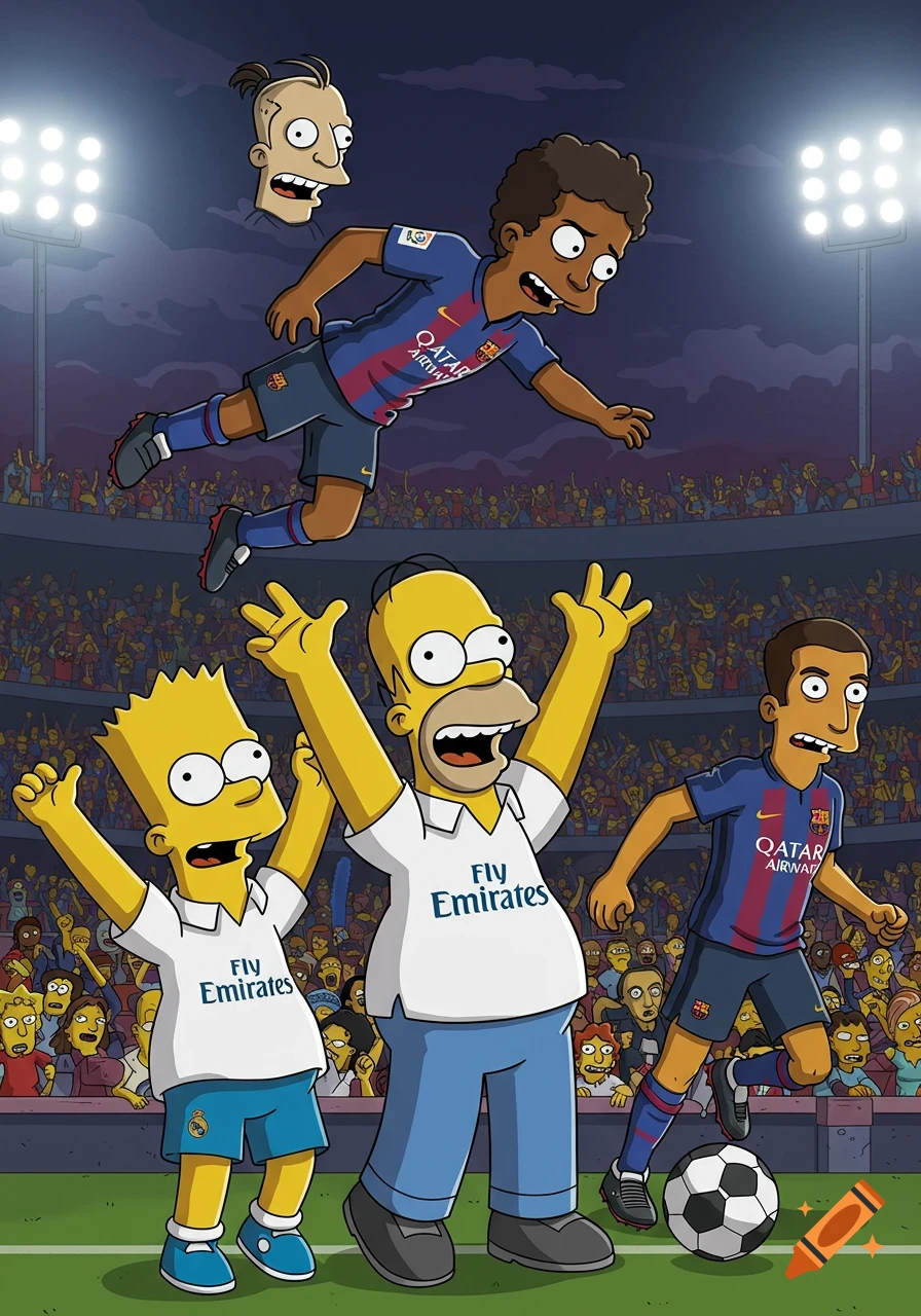 Homer and Bart Simpson cheer in Real Madrid jerseys at a soccer stadium, as Barcelona players in front of them react, including one jumping in the air and another with a soccer ball.