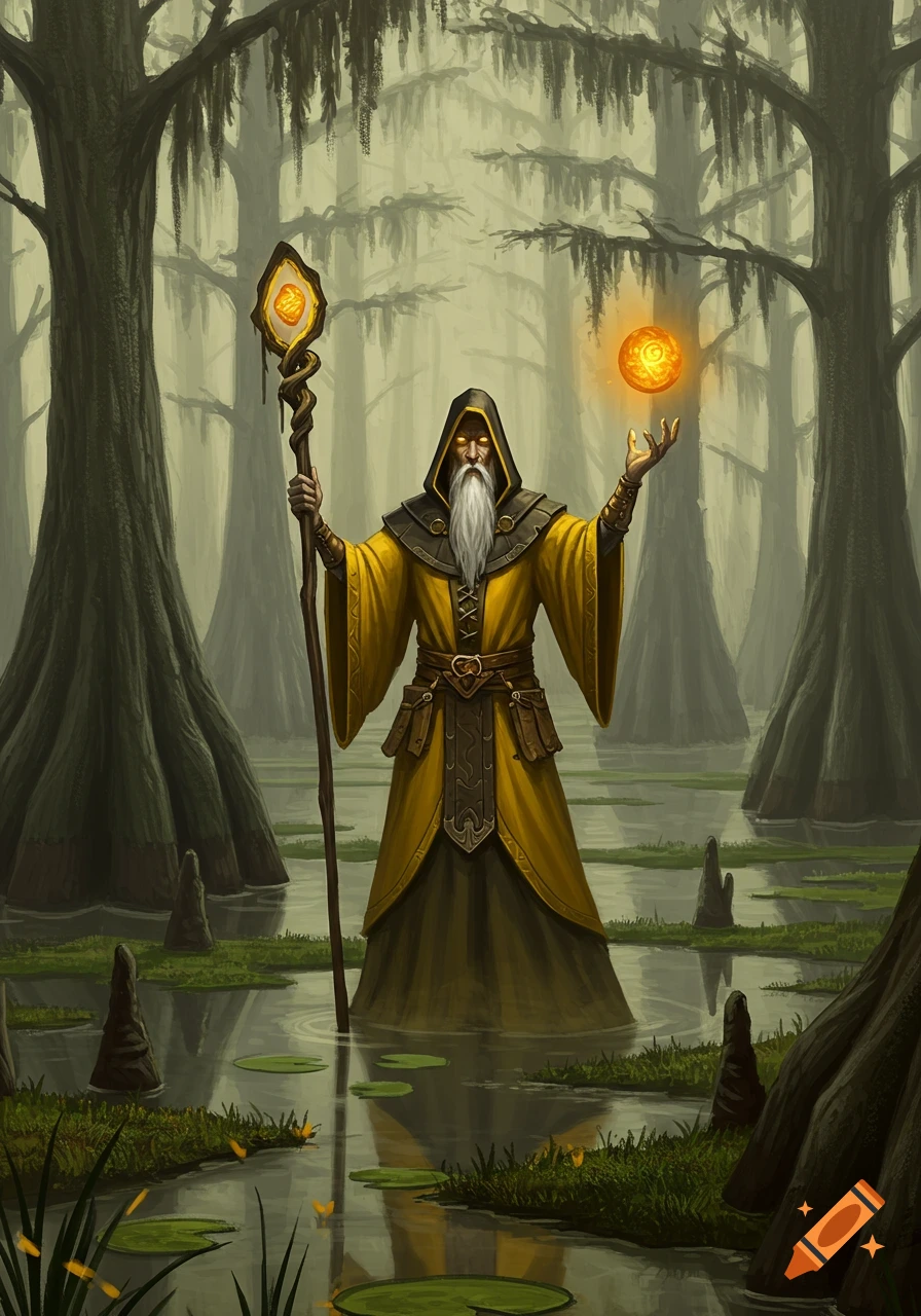 A bearded wizard in a yellow robe holding a staff and a glowing orb stands in a murky swamp with large cypress trees.