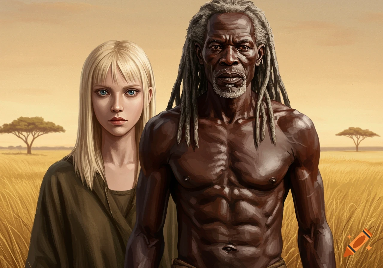 A close-up illustration of a blonde woman and a muscular African man with dreadlocks standing in a savanna at sunset.