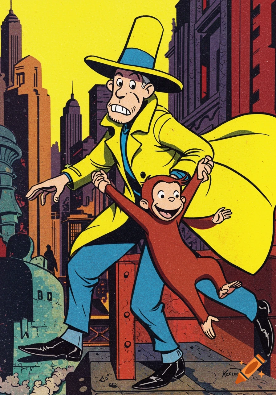 The Man with the Yellow Hat runs through a city while Curious George swings from his arm, in a comic book style.