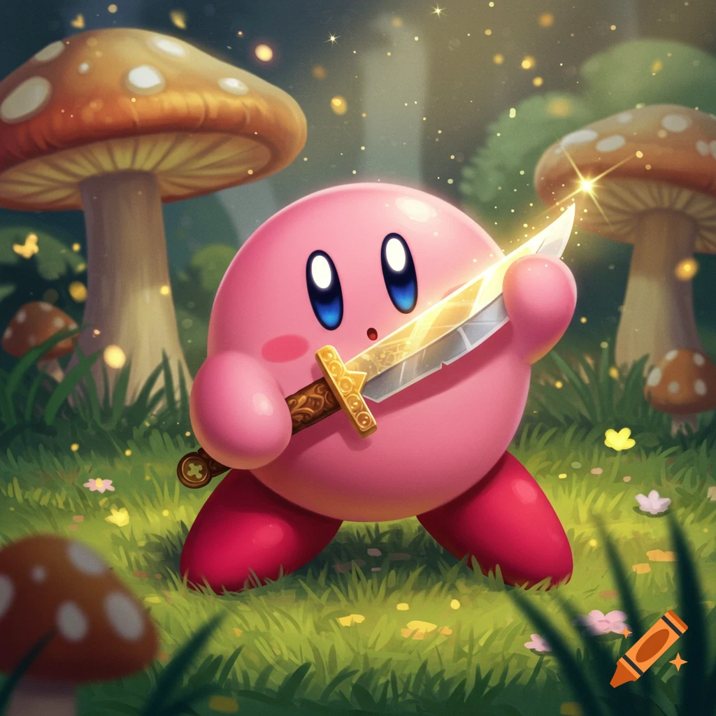 Pink spherical Kirby holds a glowing golden sword in a magical forest with large mushrooms and sparkling lights.