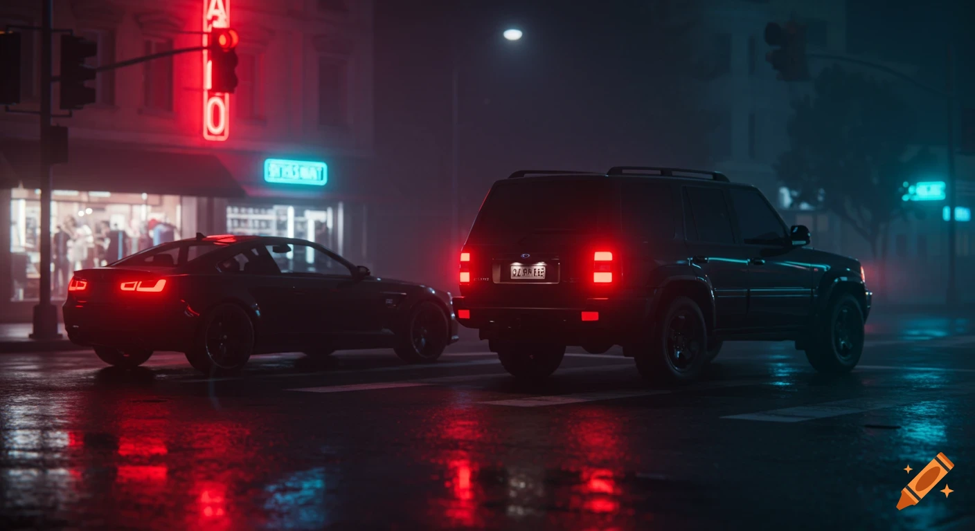 Two dark cars stopped at a rainy urban intersection at night, illuminated by red tail lights and neon signs.