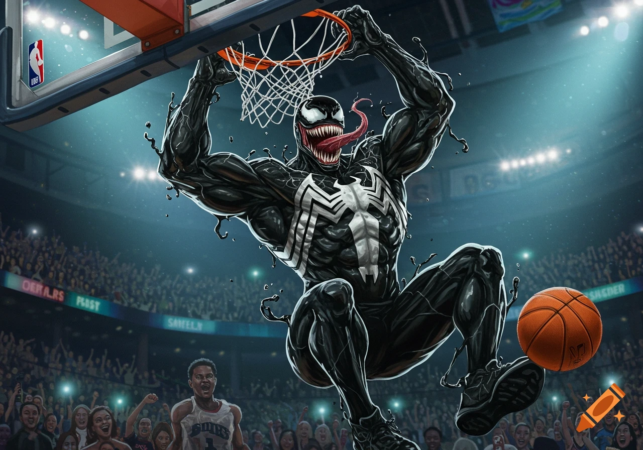 Venom, the Marvel character, is seen in a dynamic pose, mid-air, gripping the basketball hoop after a powerful dunk in a crowded stadium.