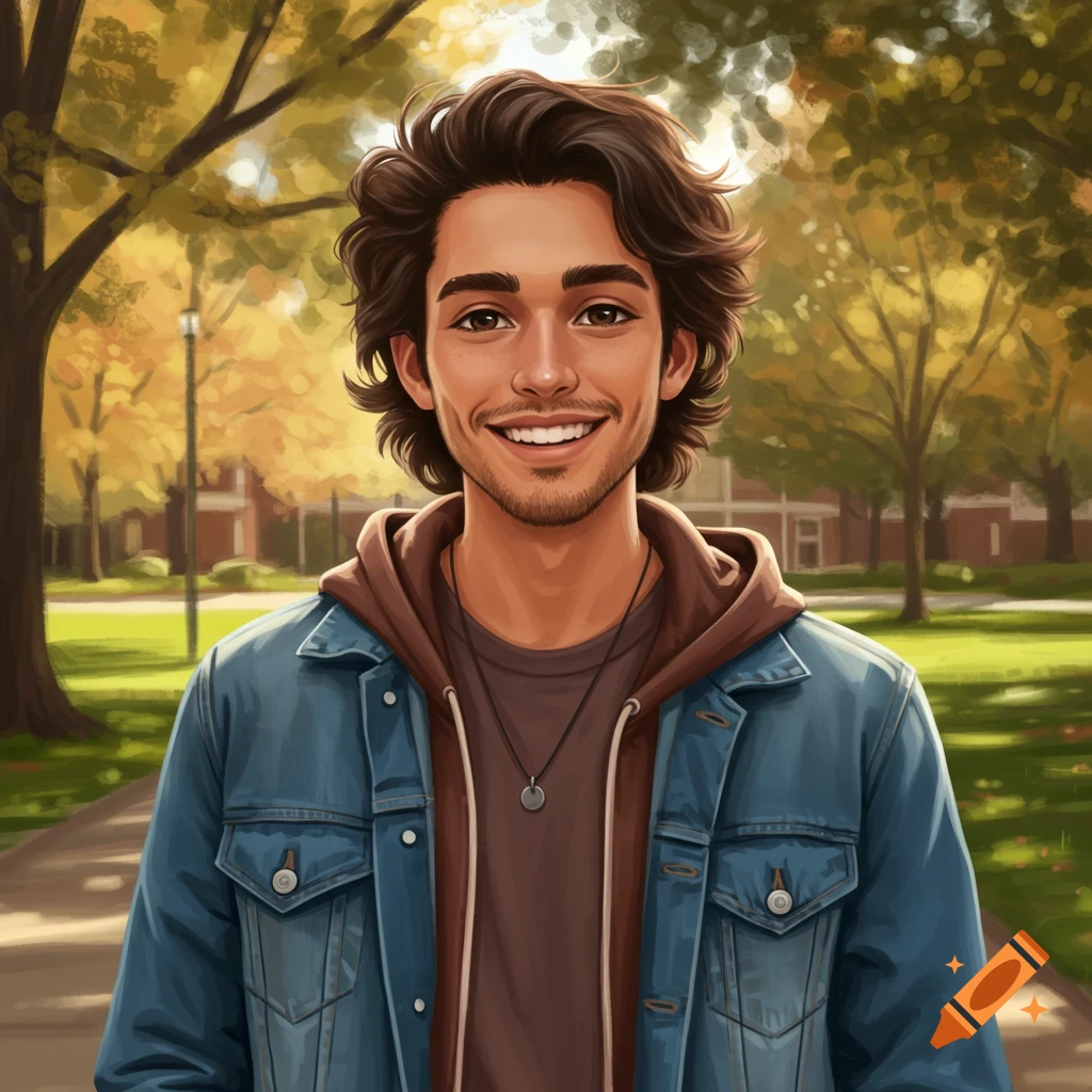 Digital painting of a smiling young man with dark wavy hair in a denim jacket on a college campus in autumn.