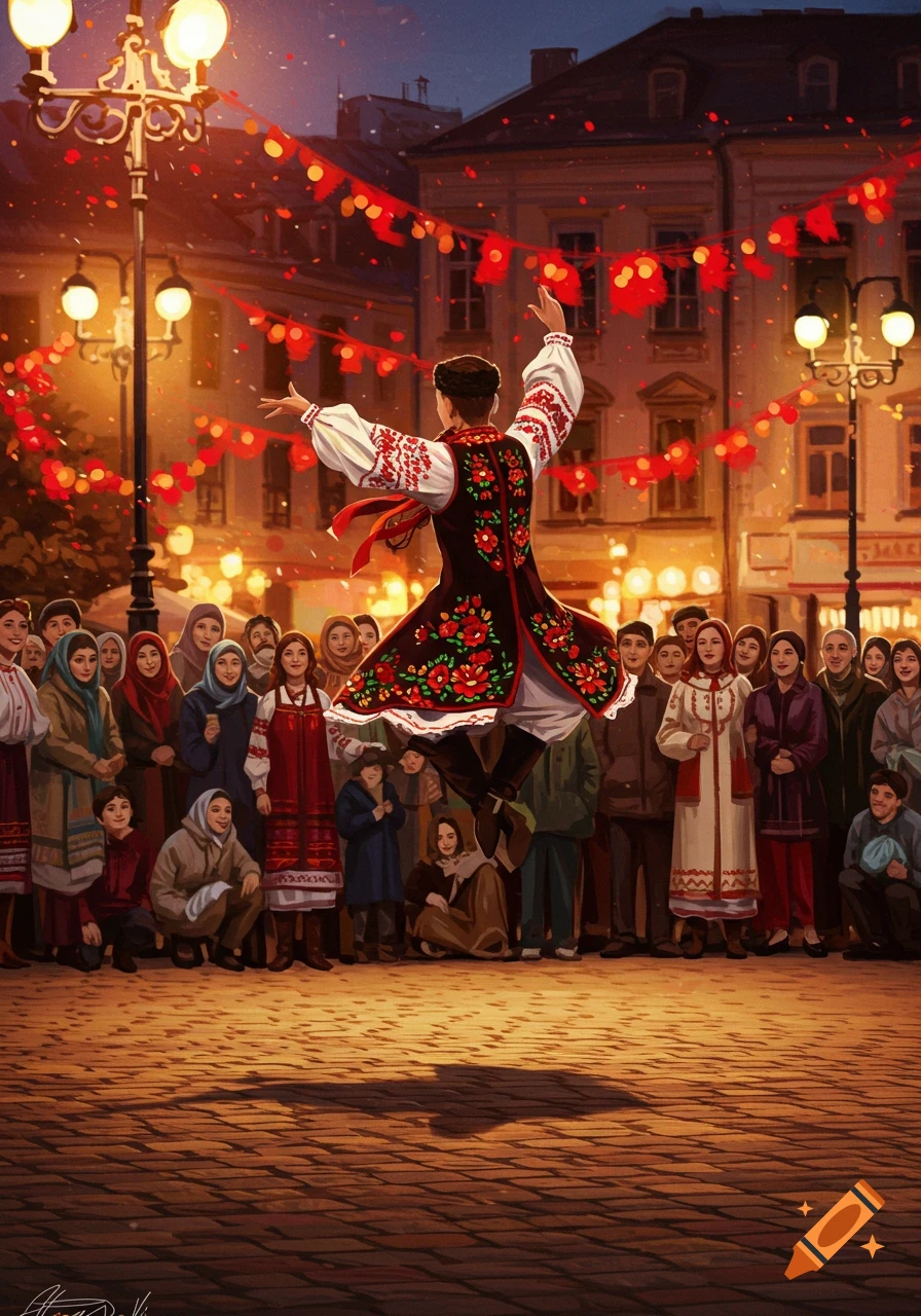 An illustrative image of a person in traditional embroidered clothing dancing in a town square at night, surrounded by a crowd and red string lights.