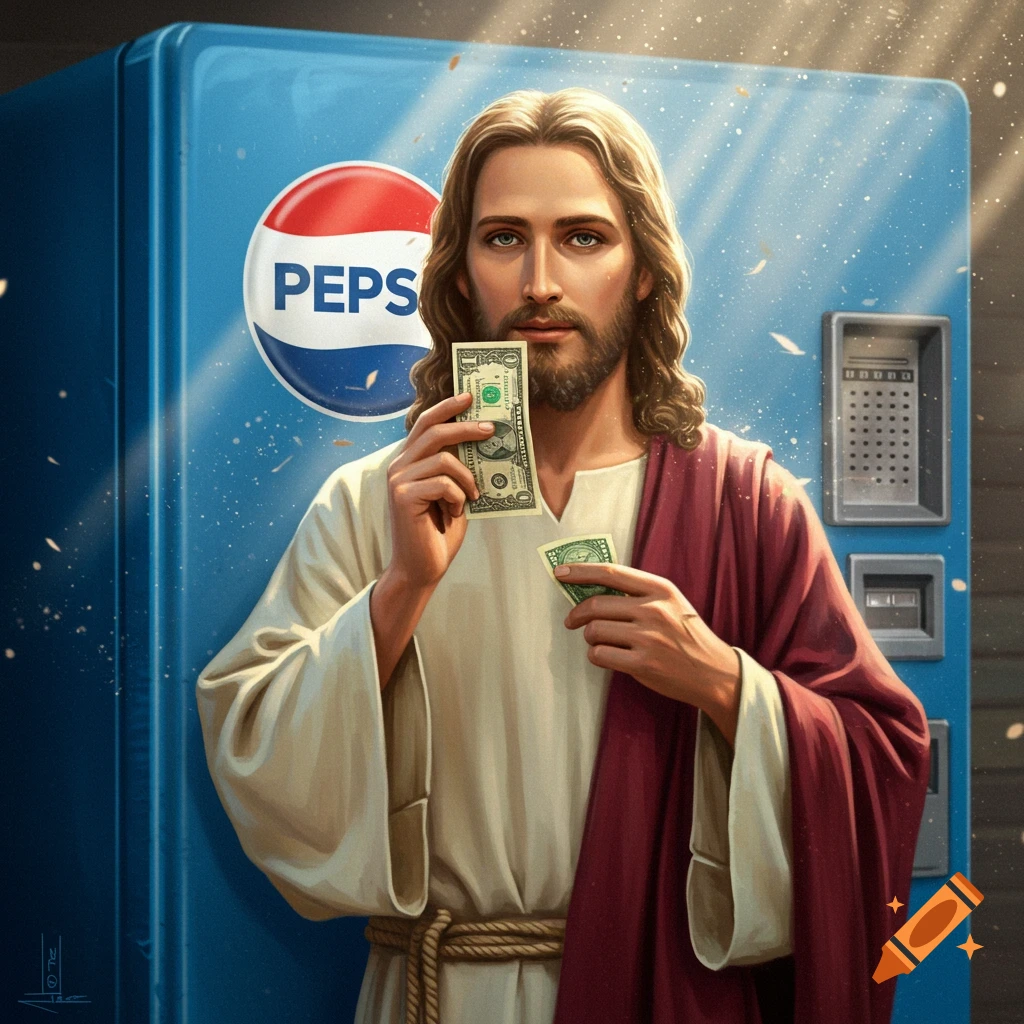 Jesus holds a dollar bill in front of a blue Pepsi vending machine, looking directly at the viewer, photorealistic style.